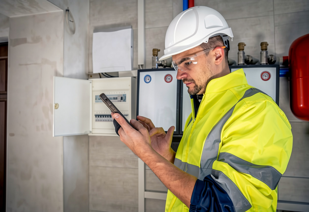 Agent technique en intervention dans une chaufferie, utilisant une application GMAO mobile sur son smartphone